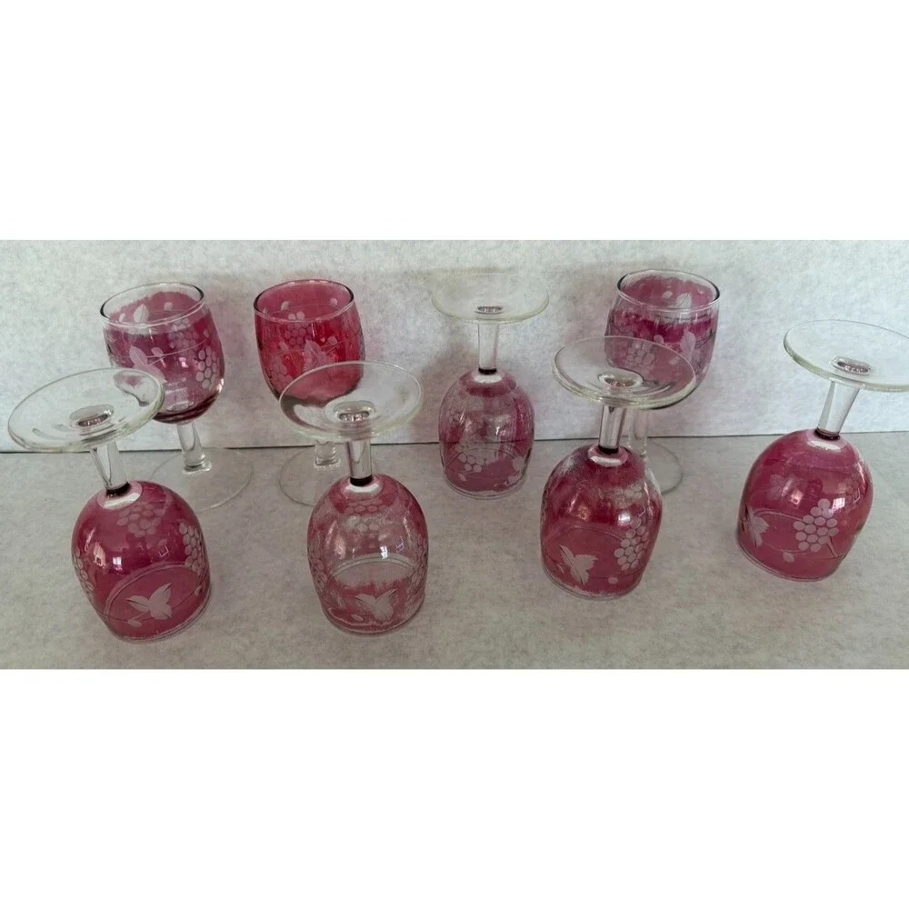 Rose Colored and Grape Etched Wine Glasses